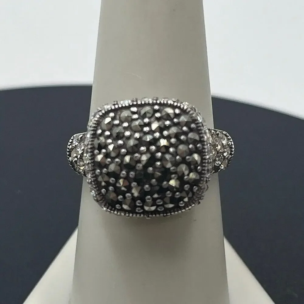 Sterling Silver Signed Ring Marcasite Crystal Cocktail Ring Vintage Style Size 8